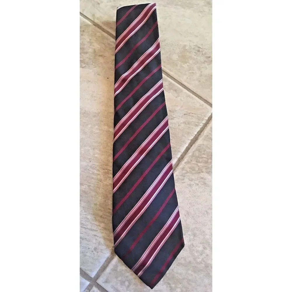 Banana Republic Italian 100% Silk‎ Neck Tie Black w/ Burgundy/Pink stripes